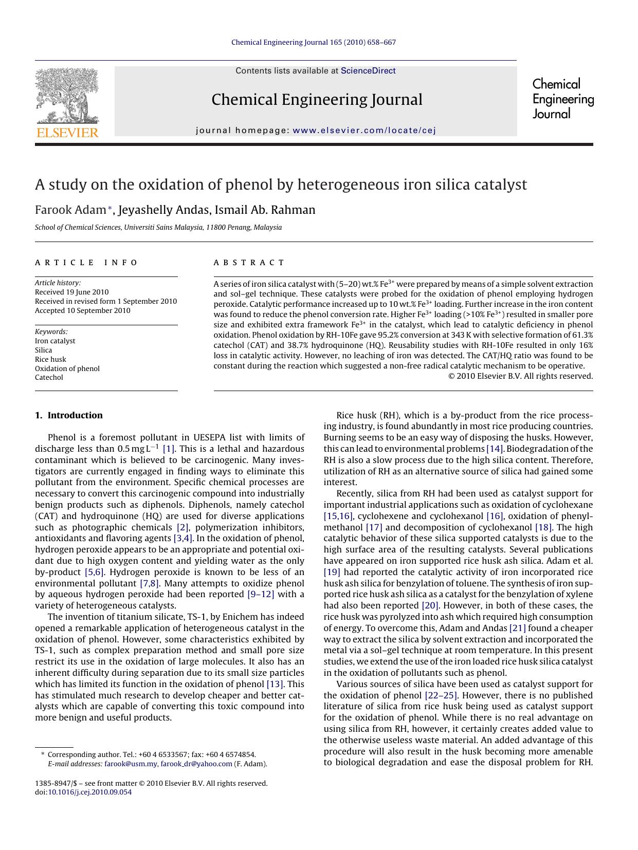 A study on the oxidation of phenol by heterogeneous iron silica catalyst by Farook Adam