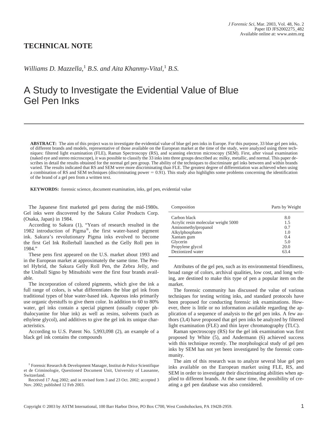A study to investigate the evidential value of blue gel pen inks by Mazzella WD Khanmy-Vital A