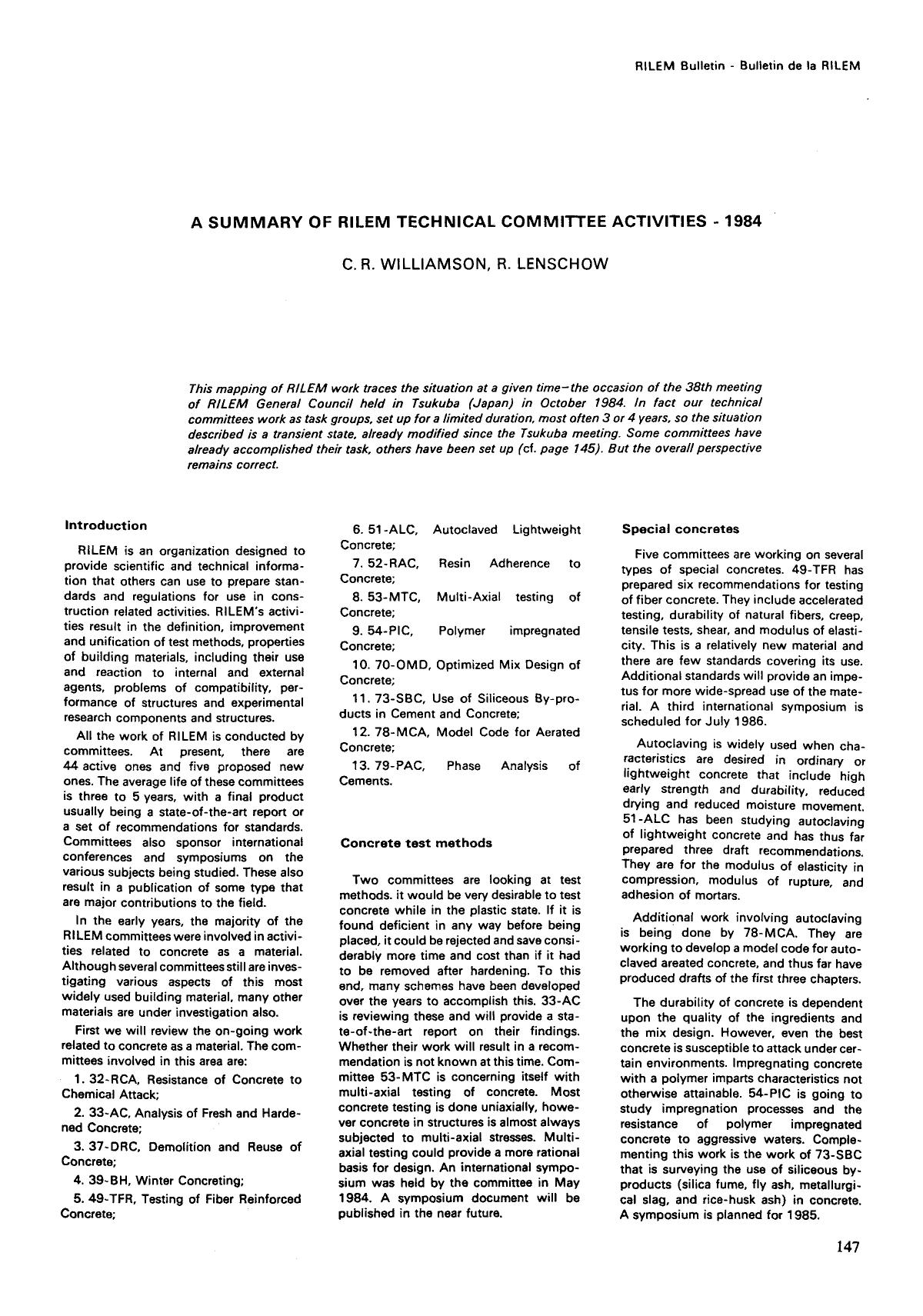 A summary of RILEM technical committee activities&#x2014;1984 by Unknown