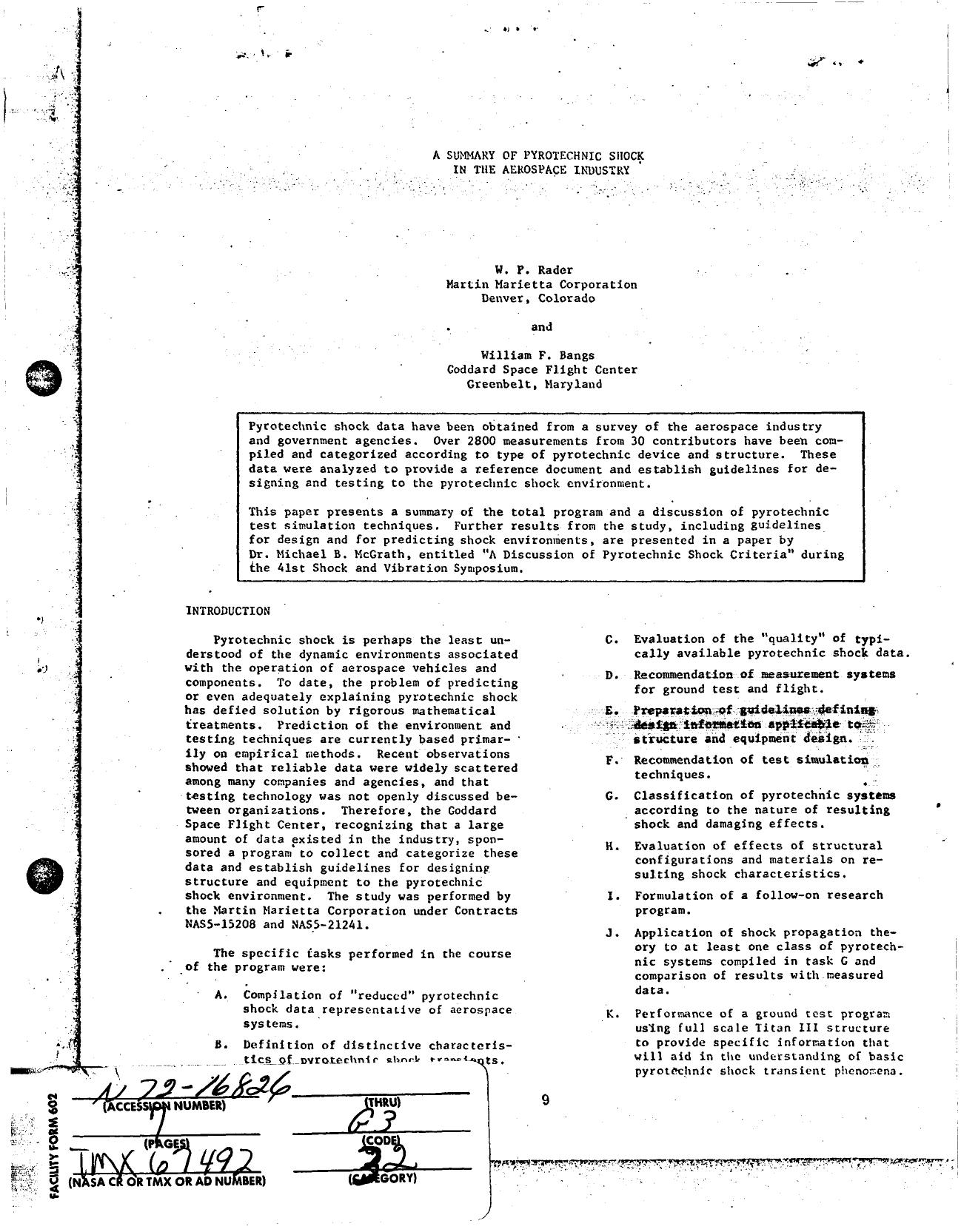 A summary of pyrotechnic shock in the aerospace industry by Rader W.P. Bangs W.F