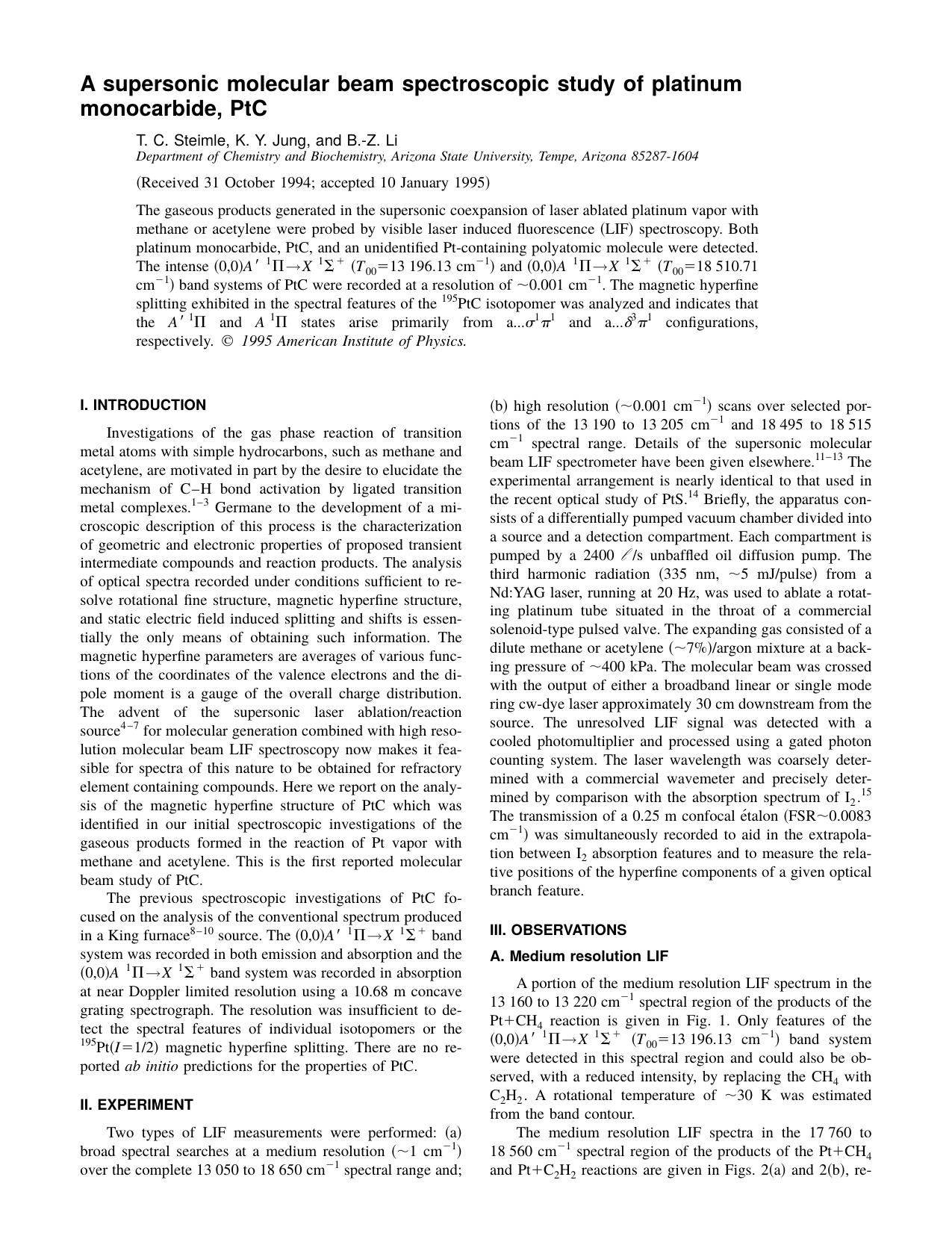 A supersonic molecular beam spectroscopic study of by T. C. Steimle & K. Y. Jung & and B.-Z. Li