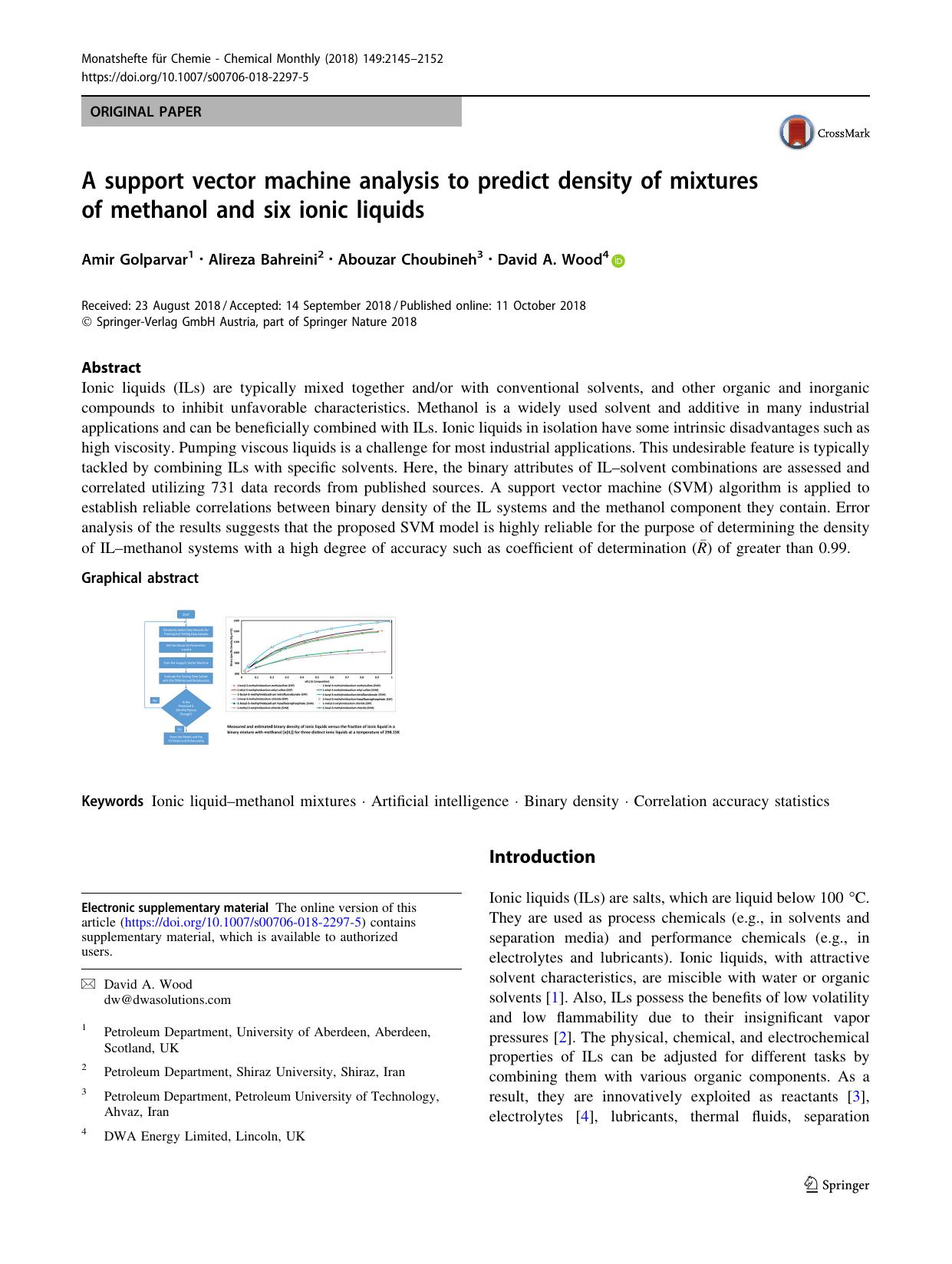 A support vector machine analysis to predict density of mixtures of methanol and six ionic liquids by Amir Golparvar & Alireza Bahreini & Abouzar Choubineh & David A. Wood