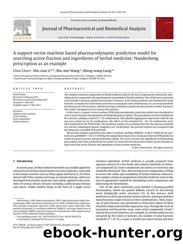 A support vector machine based pharmacodynamic prediction model for searching active fraction and ingredients of herbal medicine: Naodesheng prescription as an example by Chao Chen