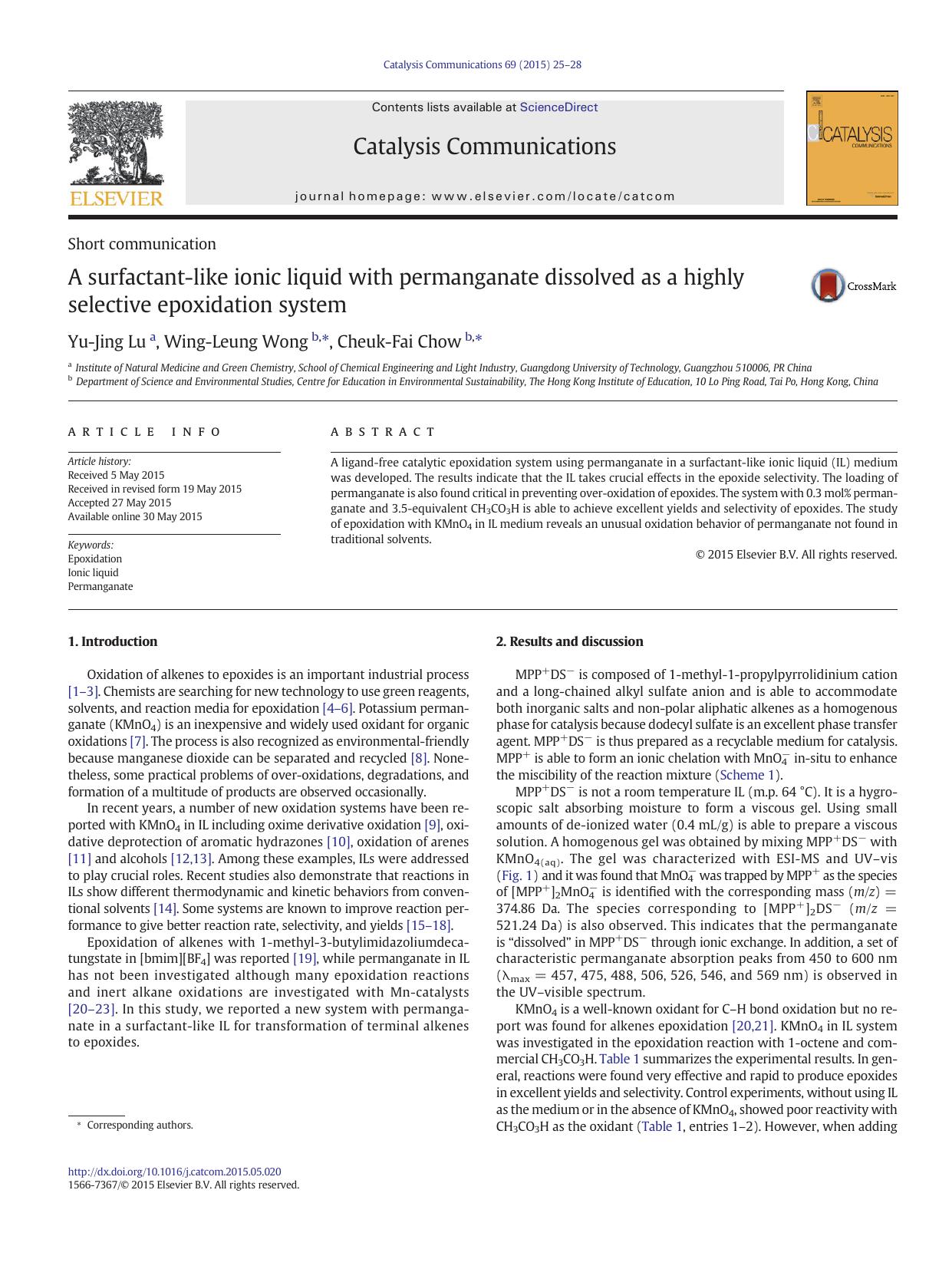 A surfactant-like ionic liquid with permanganate dissolved as a highly selective epoxidation system by Yu-Jing Lu & Wing-Leung Wong & Cheuk-Fai Chow