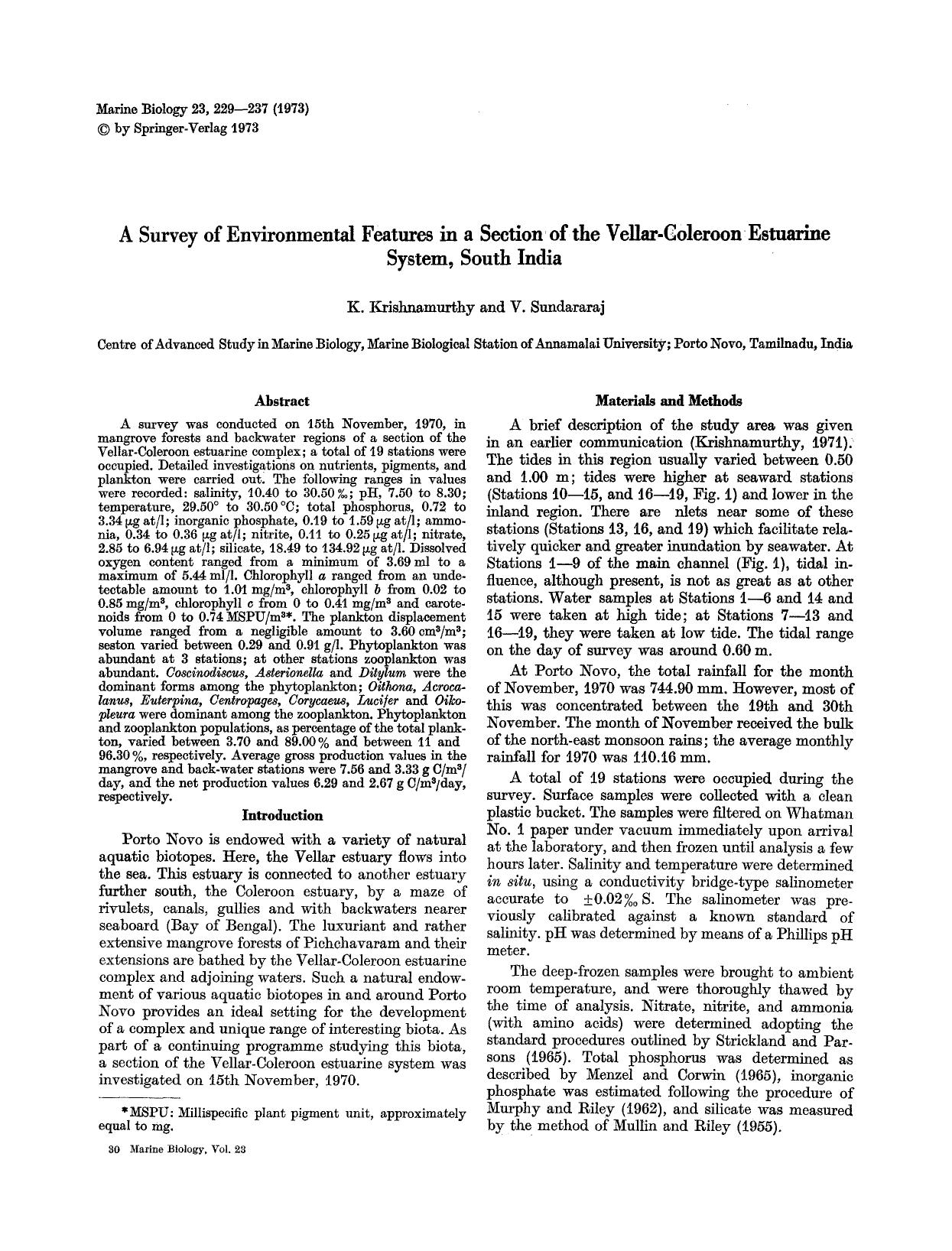 A survey of environmental features in a section of the Vellar-Coleroon estuarine system, south India by Unknown