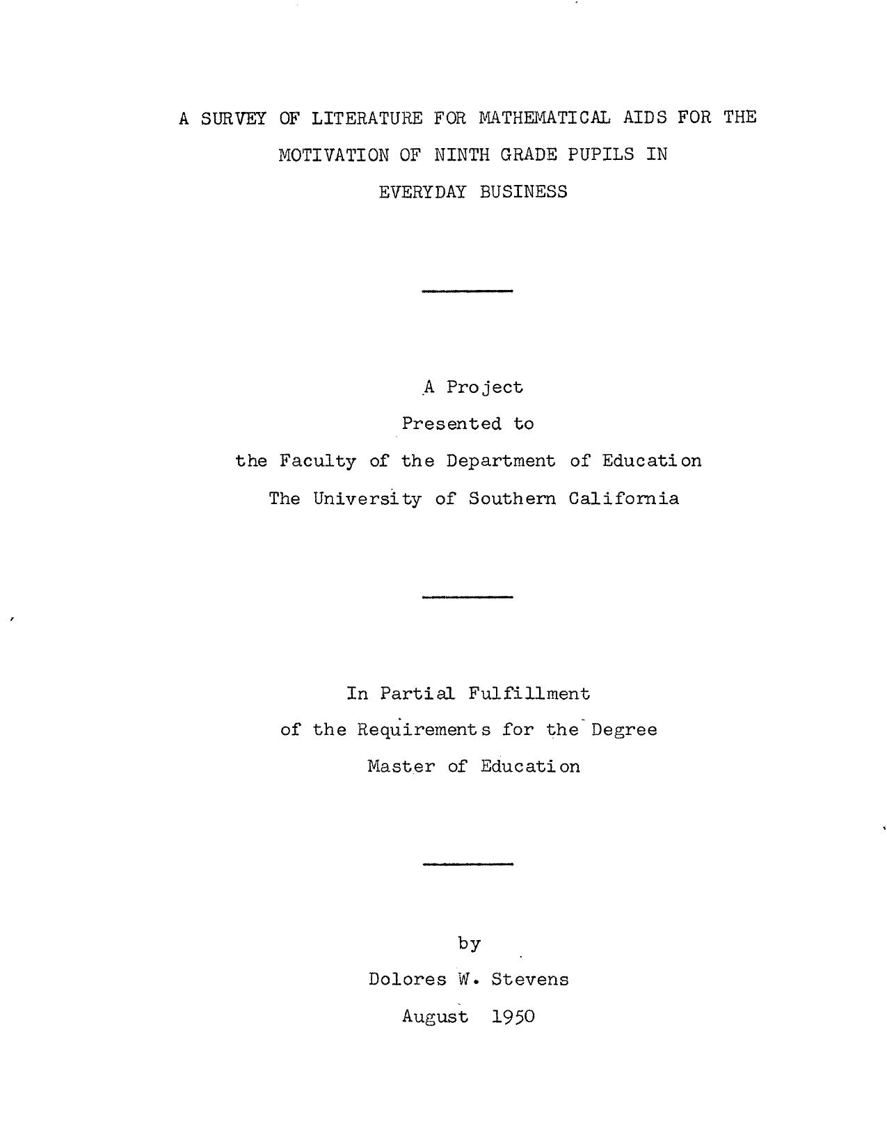 A survey of literature for mathematical aids for the motivation of ninth grade pupils in everyday business by Stevens Dolores W