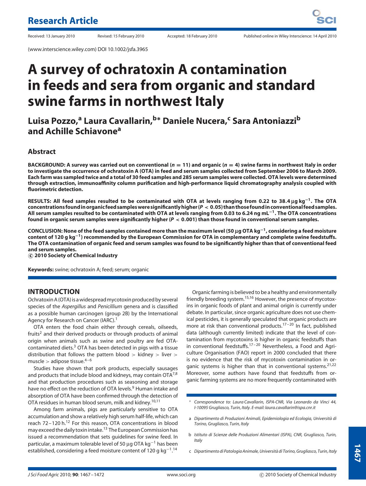 A survey of ochratoxin A contamination in feeds and sera from organic and standard swine farms in northwest Italy by Unknown