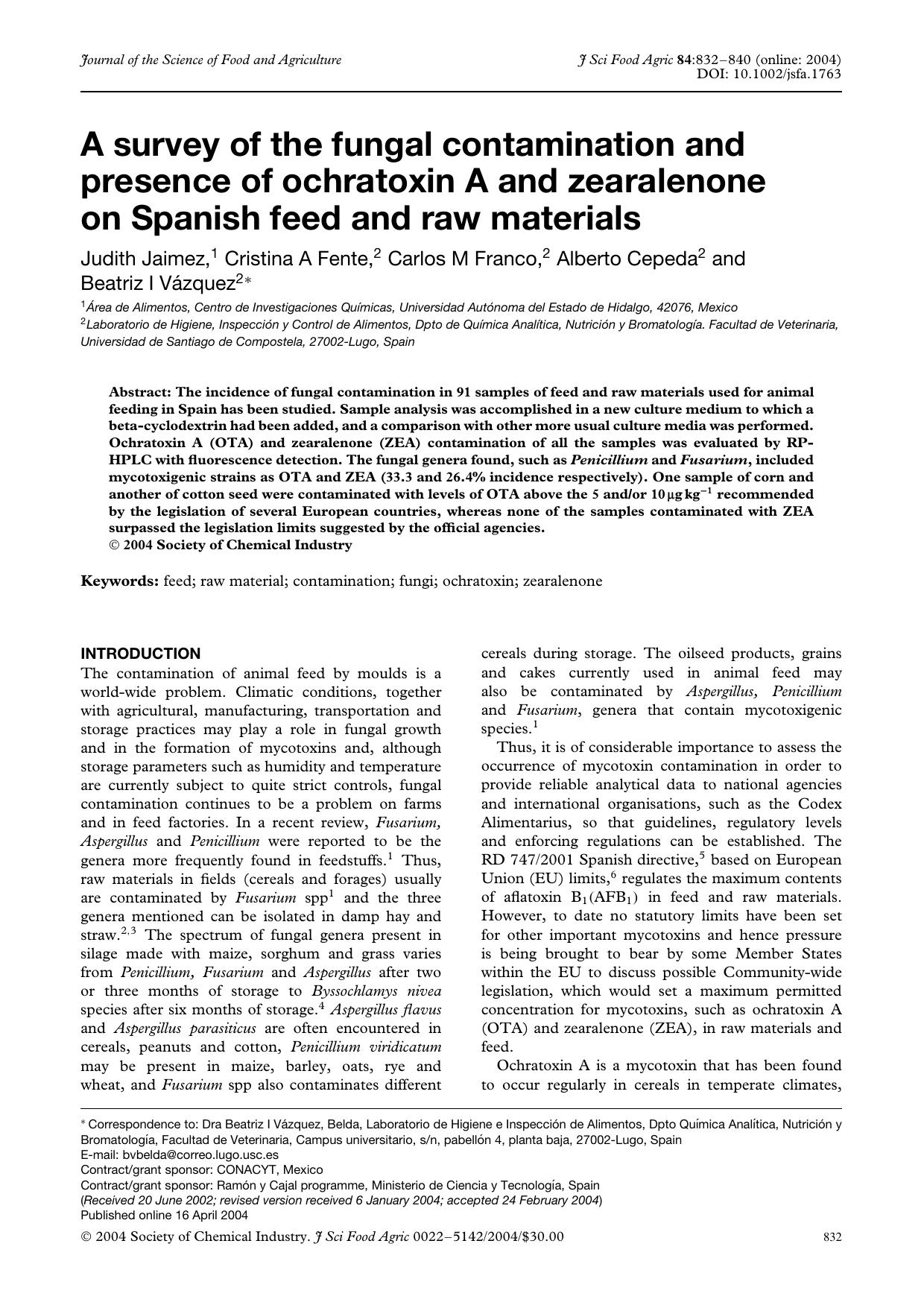 A survey of the fungal contamination and presence of ochratoxin A and zearalenone on Spanish feed and raw materials by Unknown