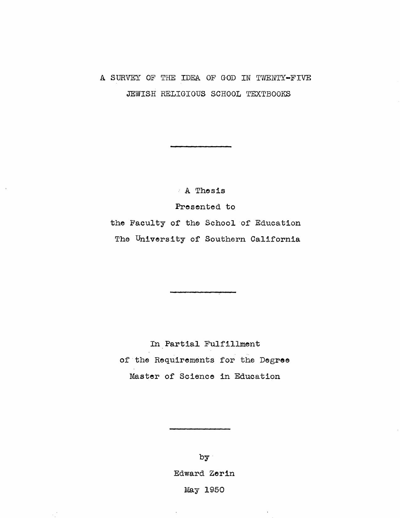 A survey of the idea of God in twenty-five Jewish religious school textbooks by Zerin Edward