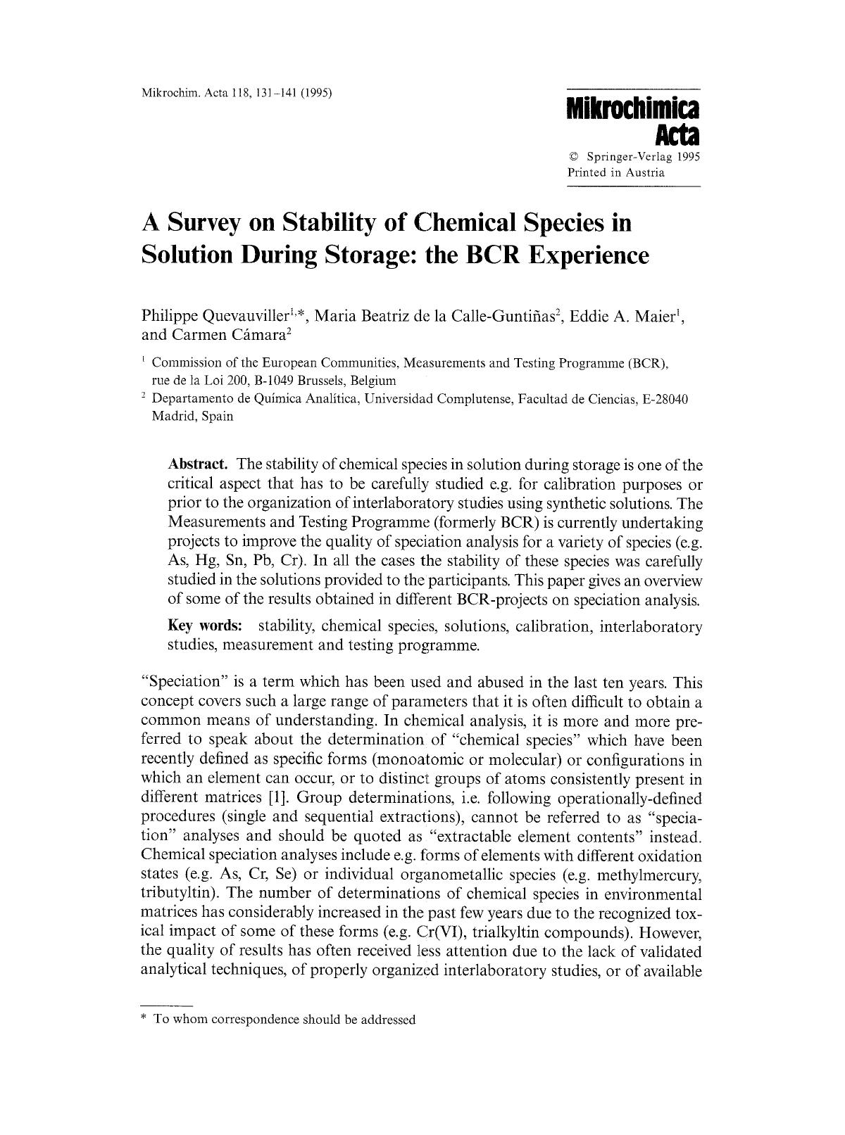 A survey on stability of chemical species in solution during storage: the BCR experience by Unknown