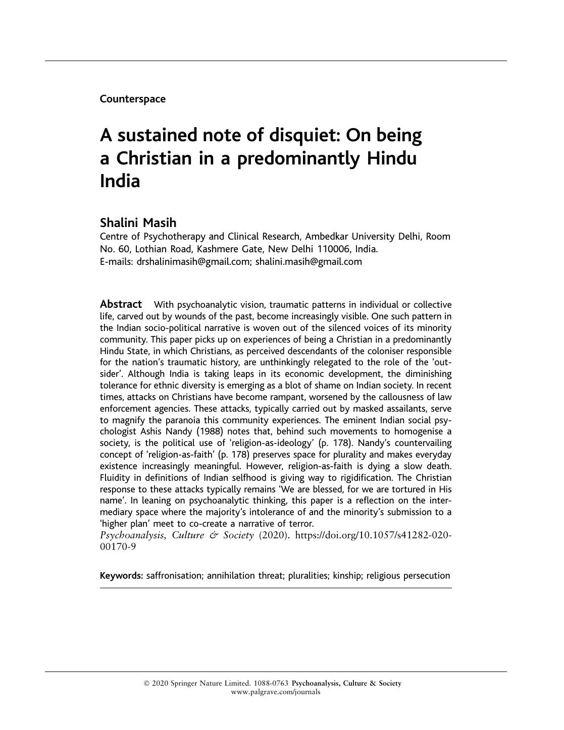 A sustained note of disquiet: On being a Christian in a predominantly Hindu India by Shalini Masih