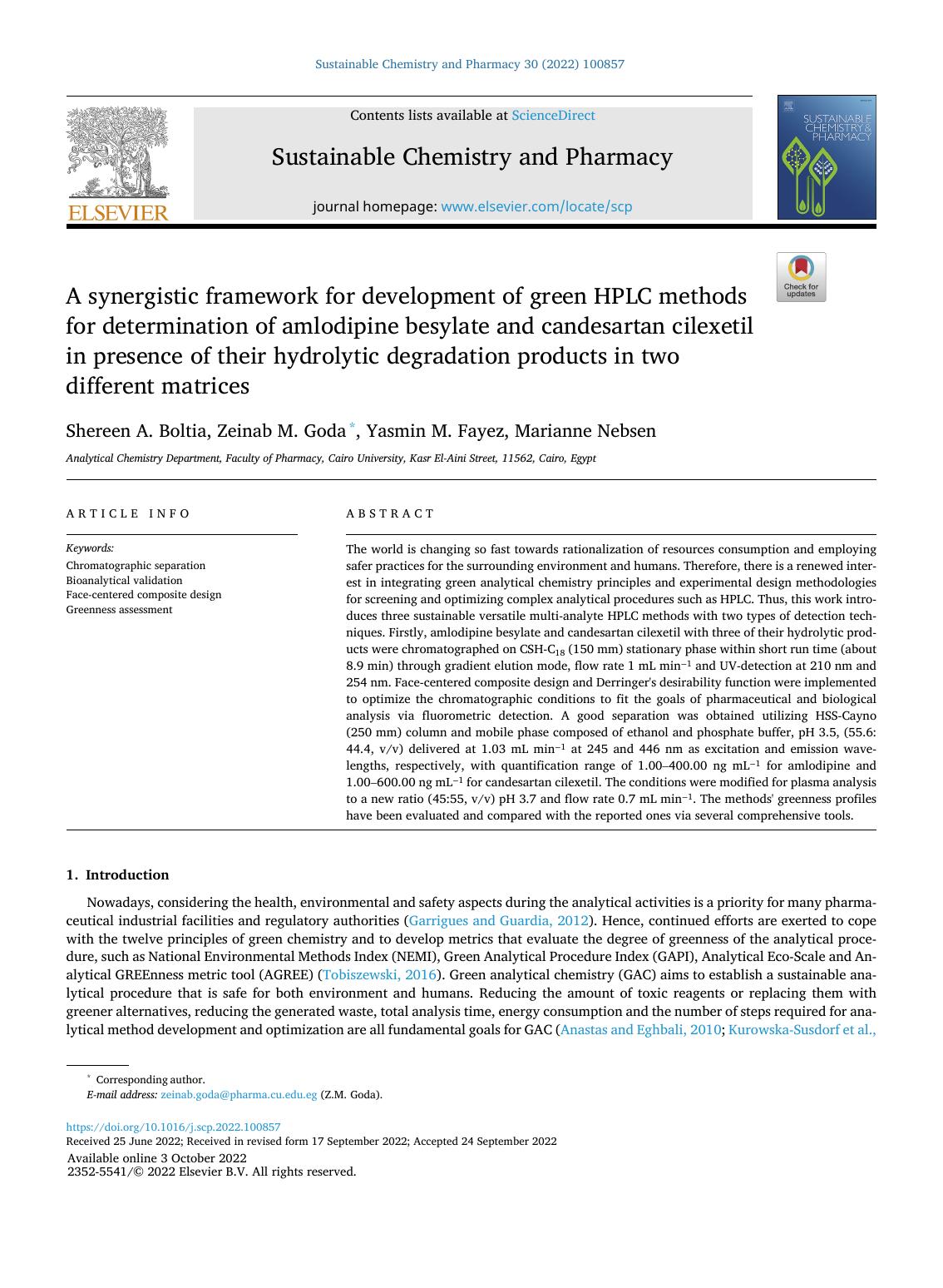 A synergistic framework for development of green HPLC methods for determination of amlodipine besylate and candesartan cilexetil in presence of their hydrolytic degradation product by Shereen A. Boltia & Zeinab M. Goda & Yasmin M. Fayez & Marianne Nebsen
