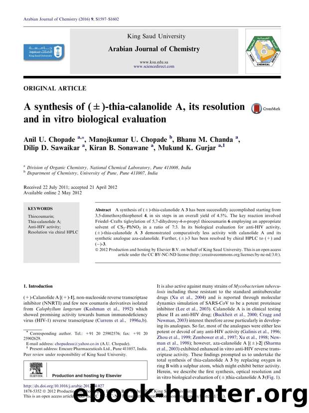 A synthesis of (ÃÂ±)-thia-calanolide A, its resolution and in vitro biological evaluation by unknow