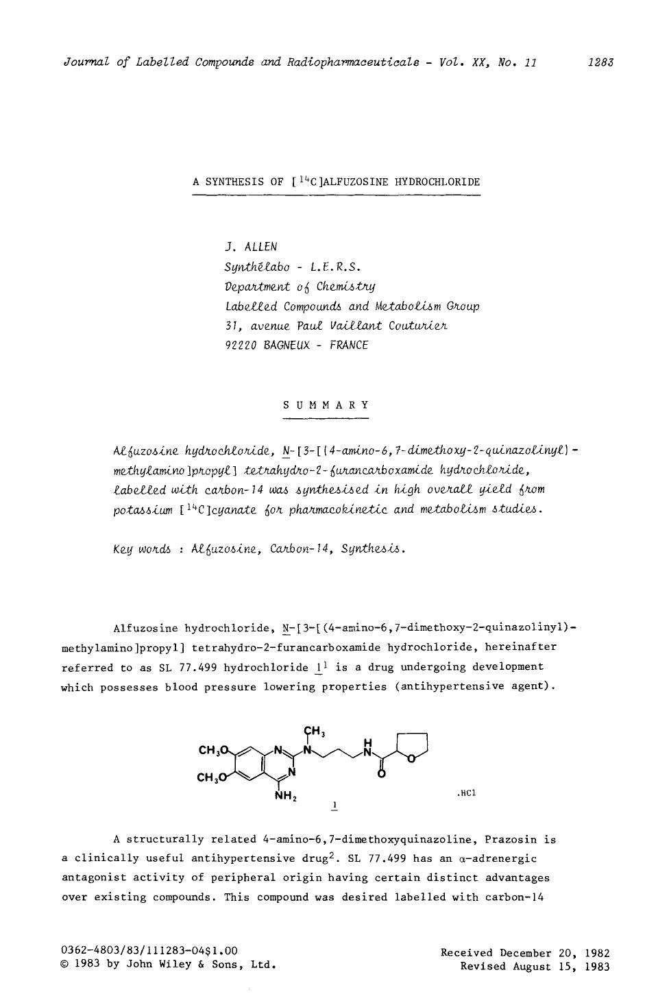 A synthesis of [14C]alfuzosine hydrochloride by Unknown