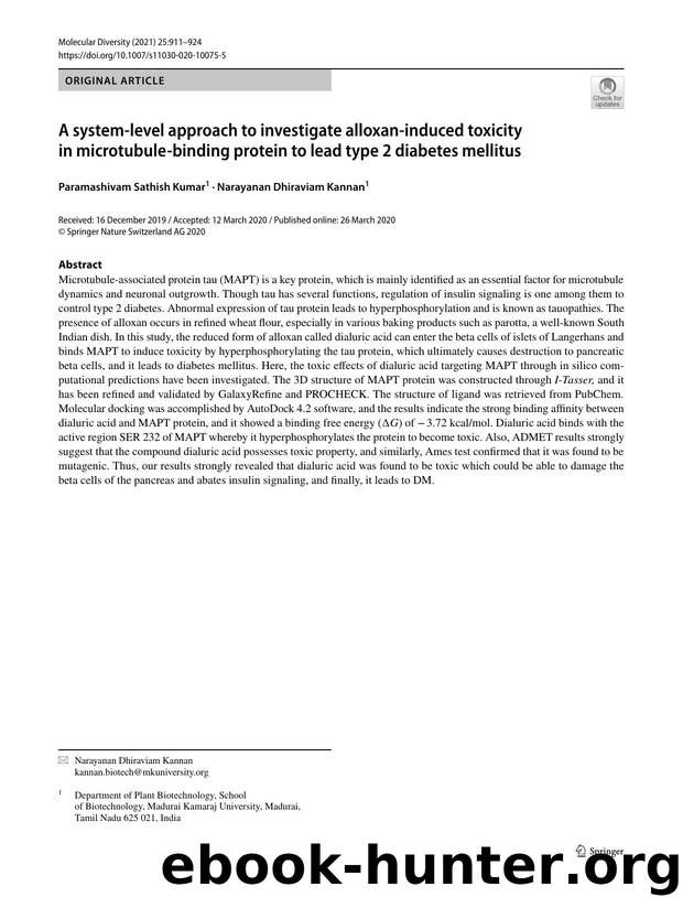 A system-level approach to investigate alloxan-induced toxicity in microtubule-binding protein to lead type 2 diabetes mellitus by Paramashivam Sathish Kumar & Narayanan Dhiraviam Kannan