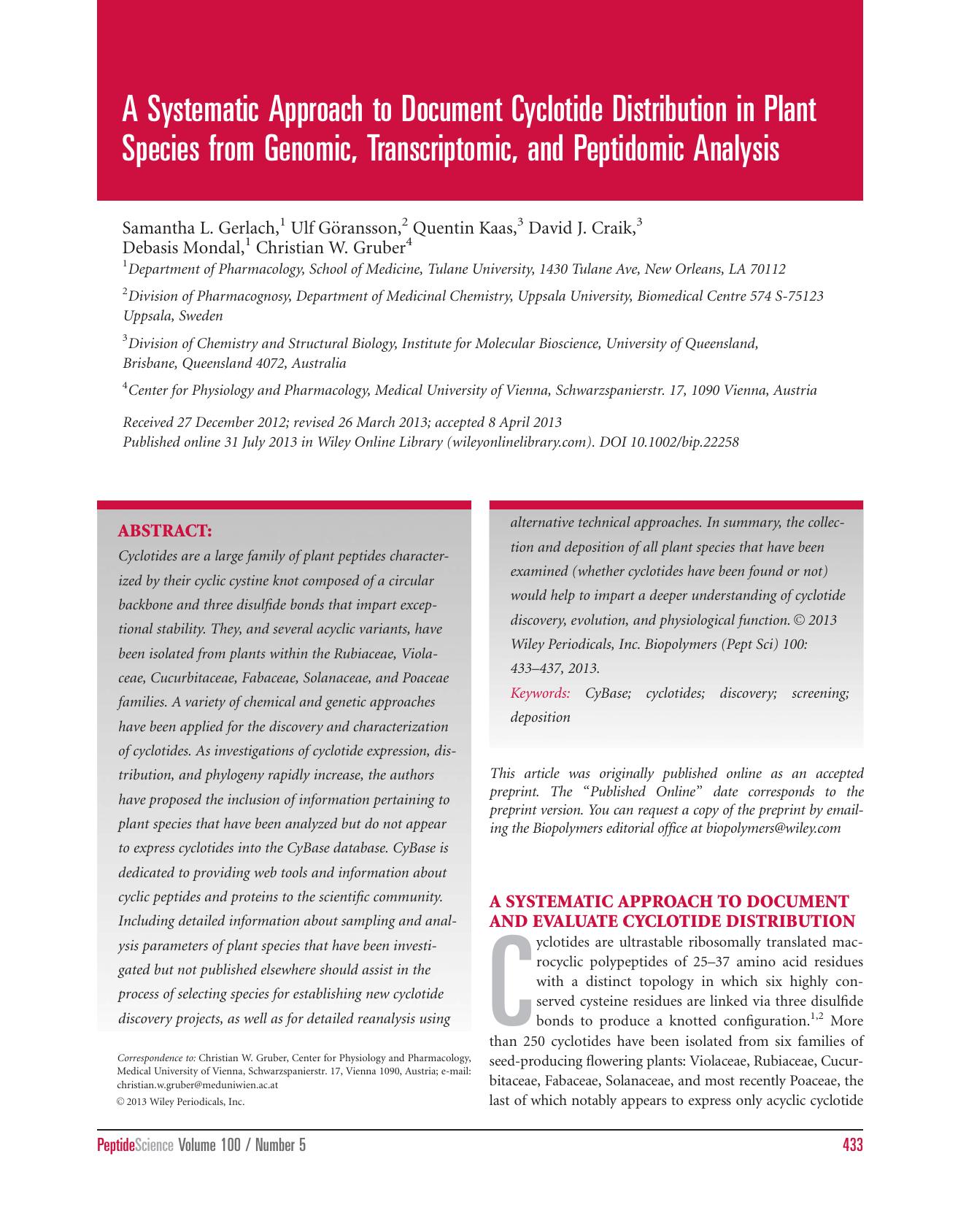 A systematic approach to document cyclotide distribution in plant species from genomic, transcriptomic, and peptidomic analysis by Unknown