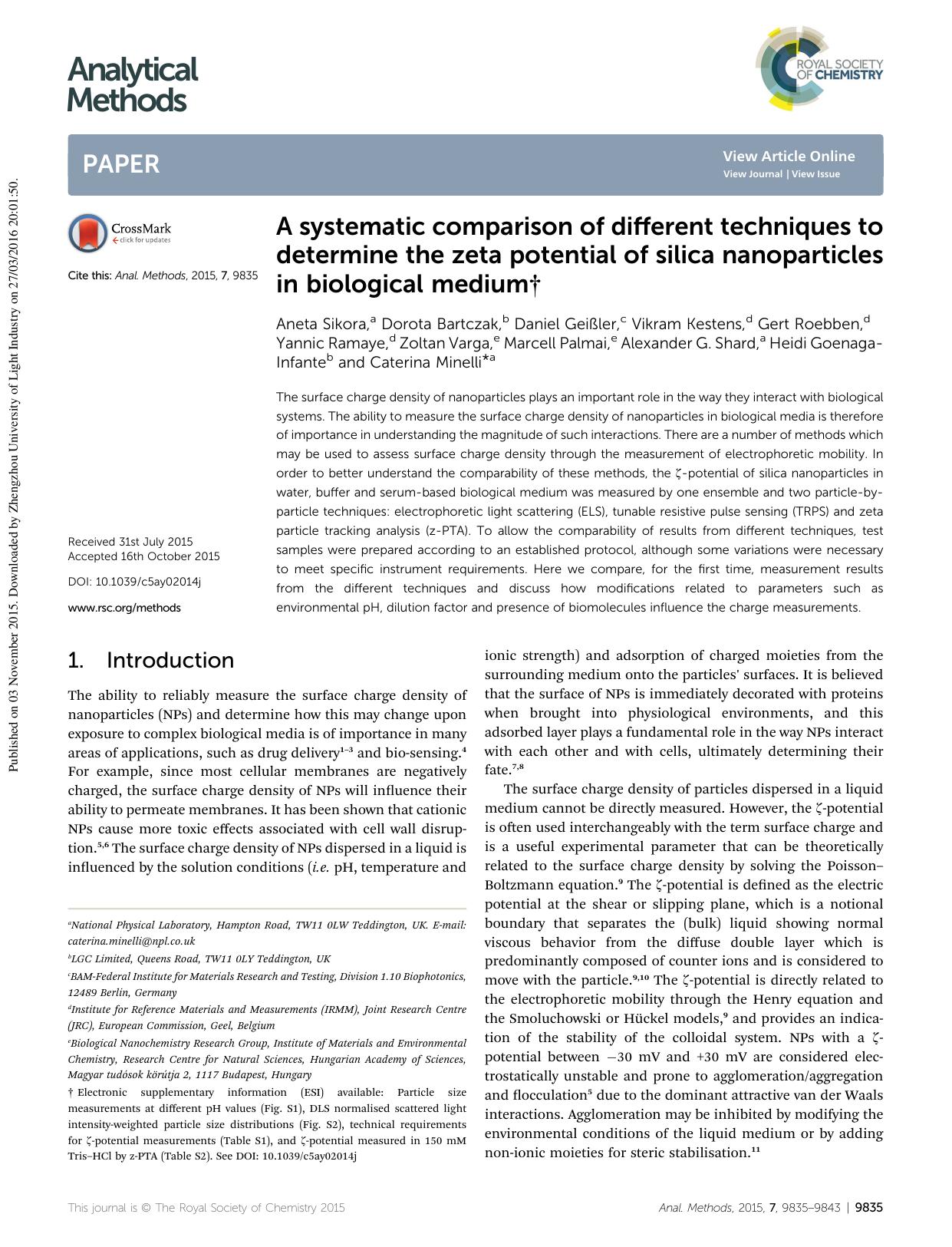 A systematic comparison of different techniques to determine the zeta potential of silica nanoparticles in biological medium by unknow