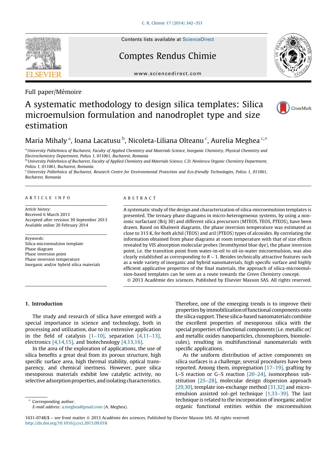 A systematic methodology to design silica templates: Silica microemulsion formulation and nanodroplet type and size estimation by Maria Mihaly & Ioana Lacatusu & Nicoleta-Liliana Olteanu & Aurelia Meghea