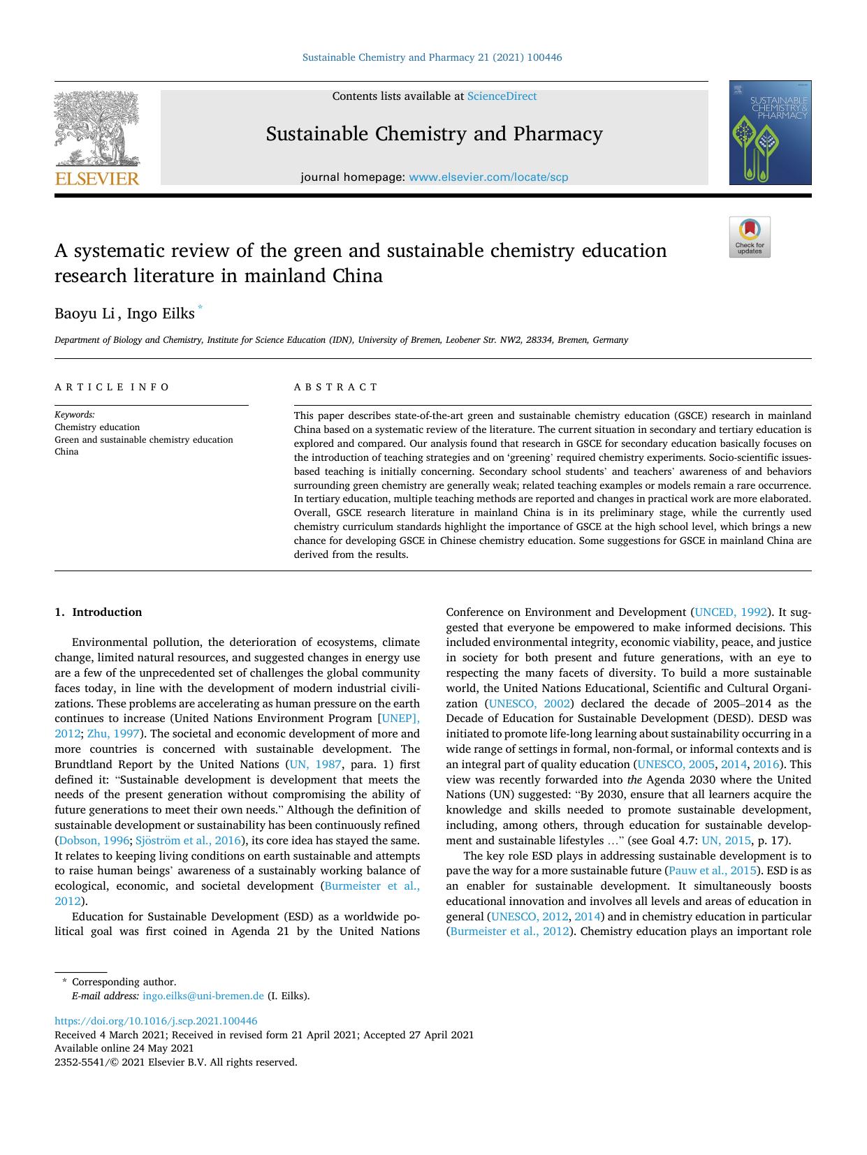 A systematic review of the green and sustainable chemistry education research literature in mainland China by Baoyu Li & Ingo Eilks