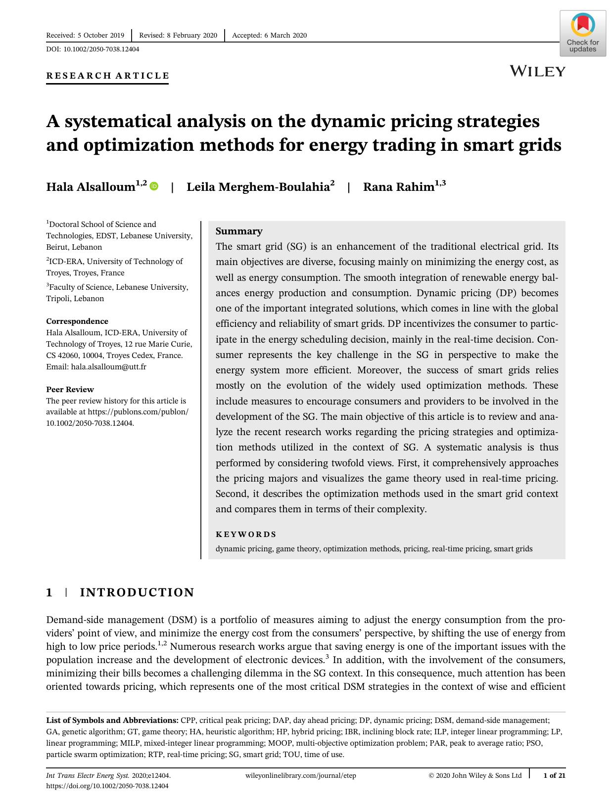 A systematical analysis on the dynamic pricing strategies and optimization methods for energy trading in smart grids by Unknown
