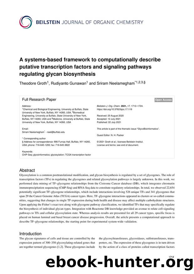 A systems-based framework to computationally describe putative transcription factors and signaling pathways regulating glycan biosynthesis by Theodore Groth Rudiyanto Gunawan Sriram Neelamegham
