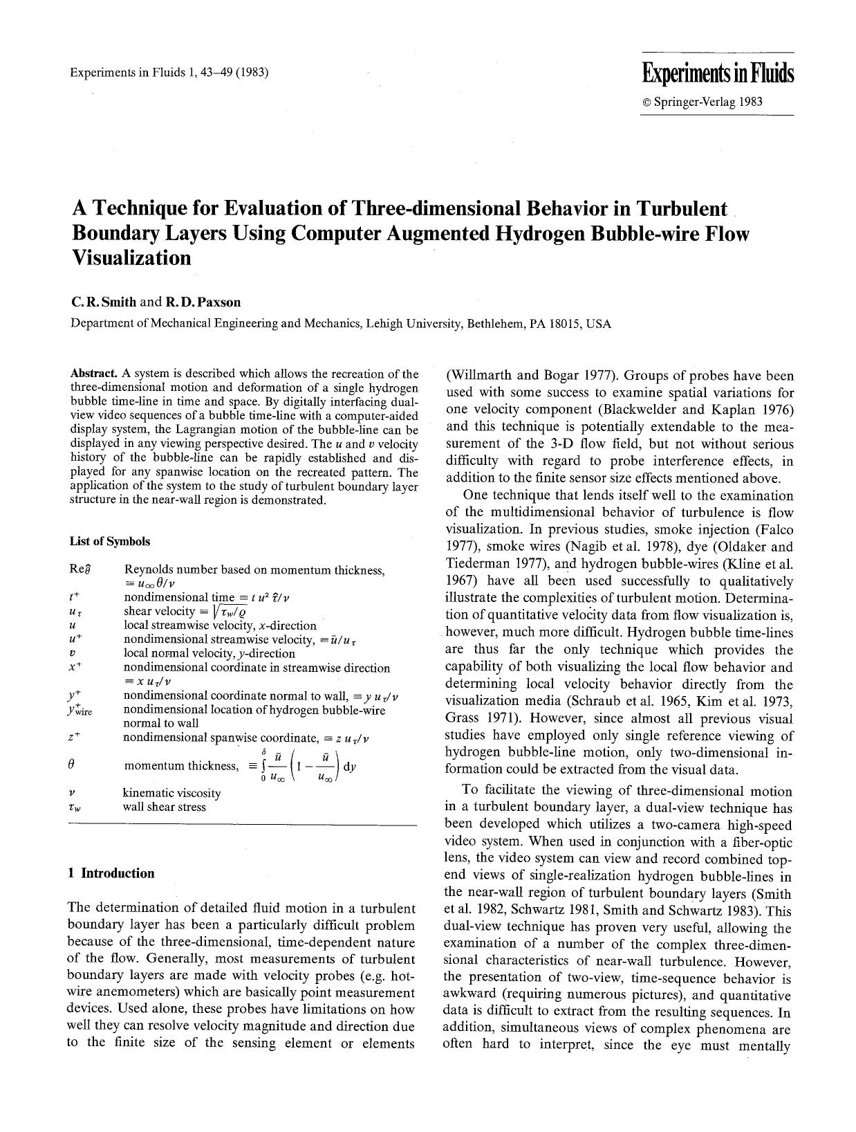 A technique for evaluation of three-dimensional behavior in turbulent boundary layers using computer augmented hydrogen bubble-wire flow visualization by Unknown