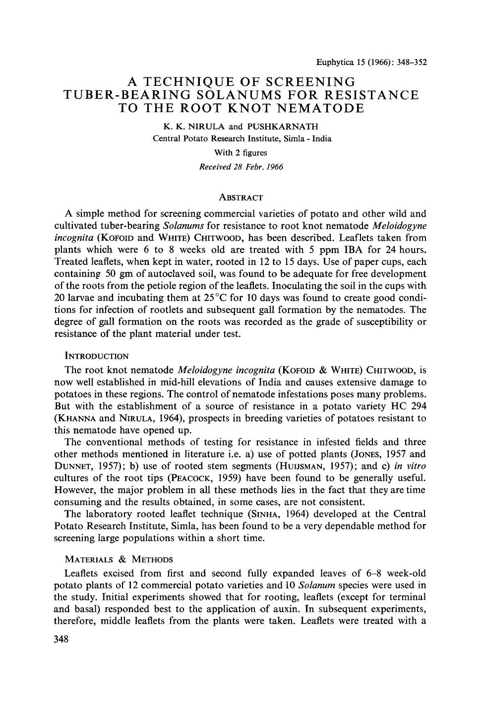 A technique of screening tuber-bearing Solanums for resistance to the root knot nematode by Unknown