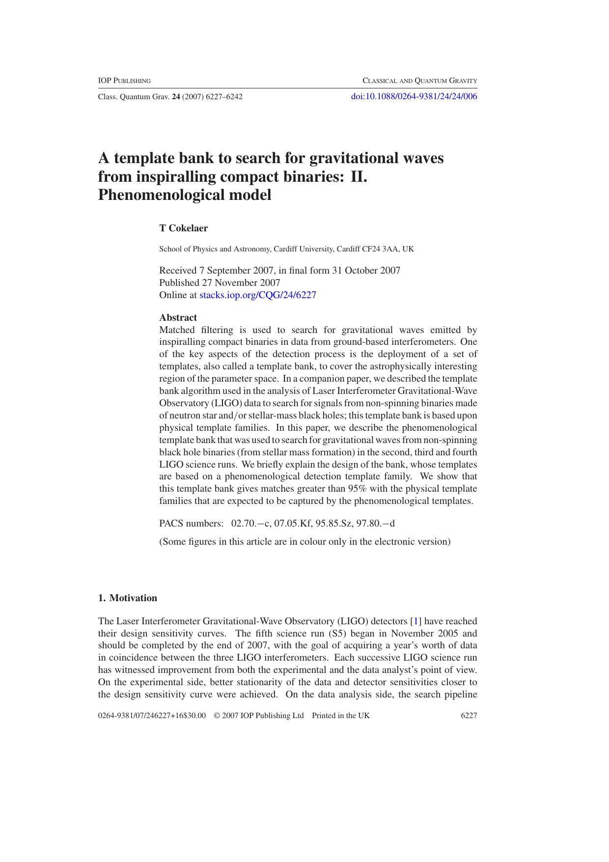A template bank to search for gravitational waves from inspiralling compact binaries by T Cokelaer