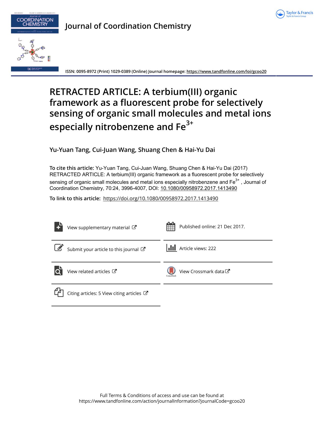 A terbium(III) organic framework as a fluorescent probe for selectively sensing of organic small molecules and metal ions especially nitrobenzene and Fe3+ by Yu-Yuan Tang