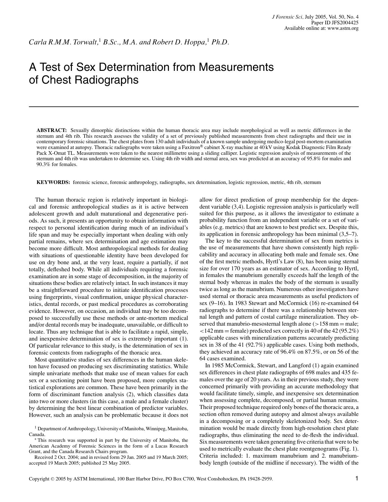 A test of sex determination from measurements of chest radiographs by Torwalt CR Hoppa RD