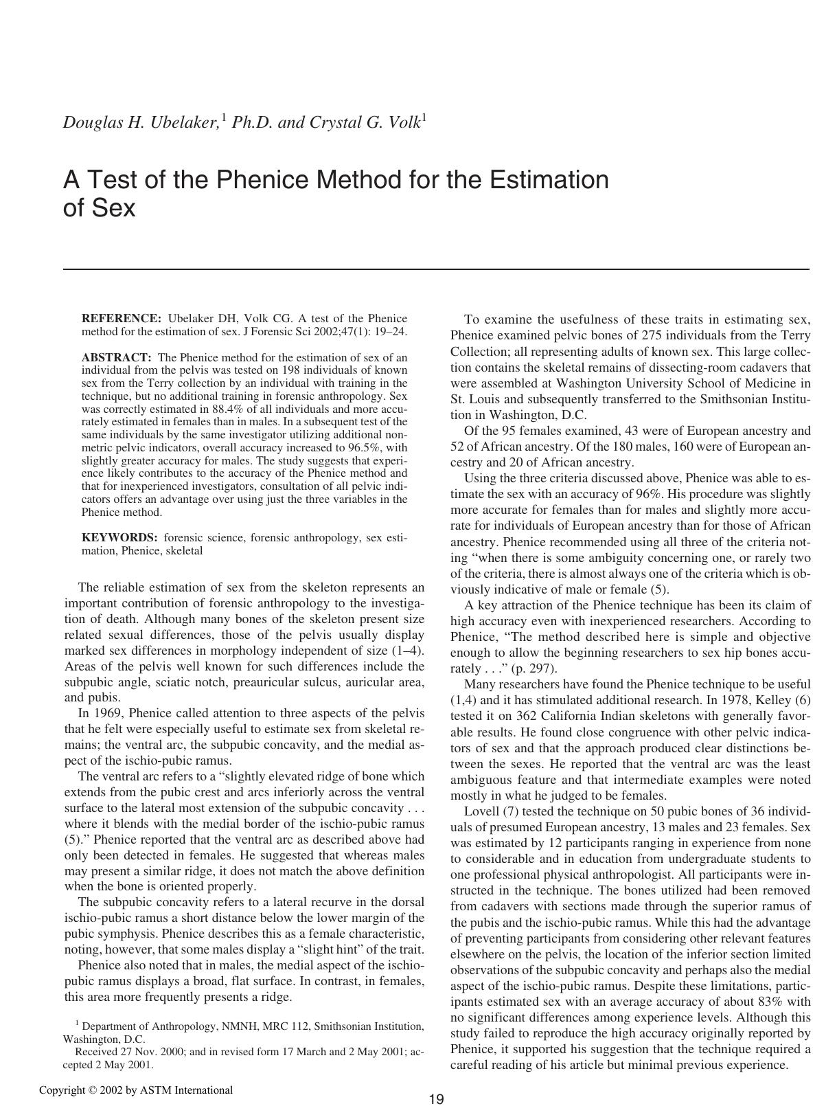 A test of the Phenice method for the estimation of sex by Ubelaker DH Volk CG