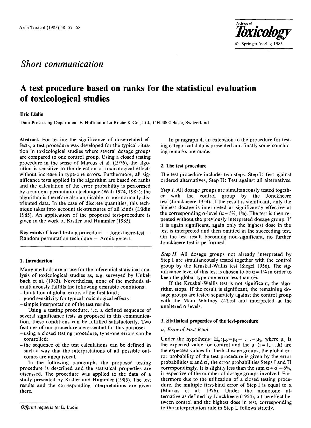 A test procedure based on ranks for the statistical evaluation of toxicological studies by Unknown