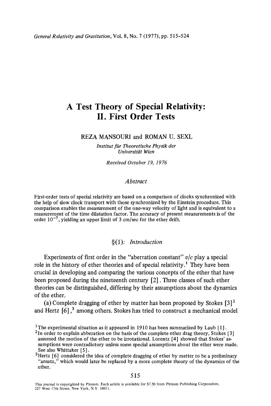 A test theory of special relativity: II. First order tests by Unknown