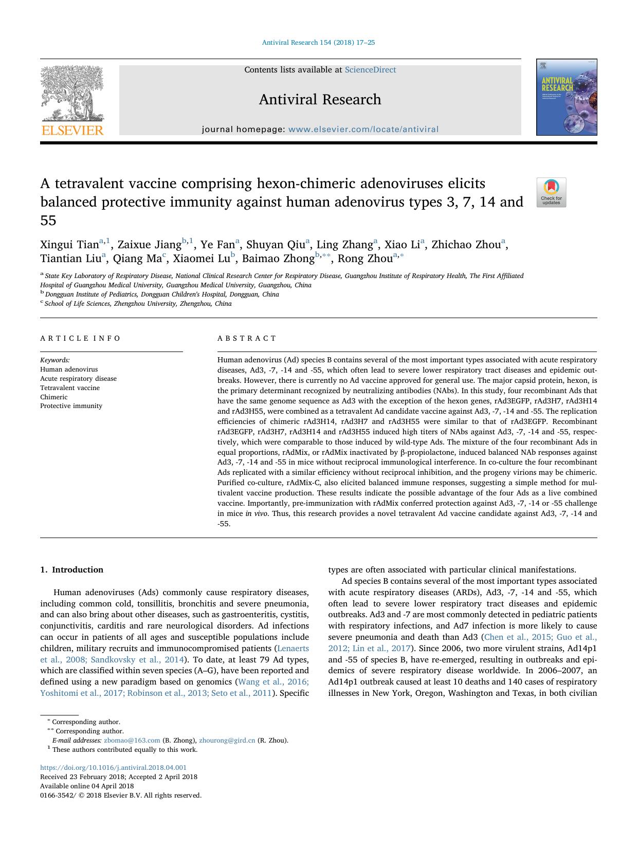 A tetravalent vaccine comprising hexon-chimeric adenoviruses elicits balanced protective immunity against human adenovirus types 3, 7, 14 and 55 by unknow