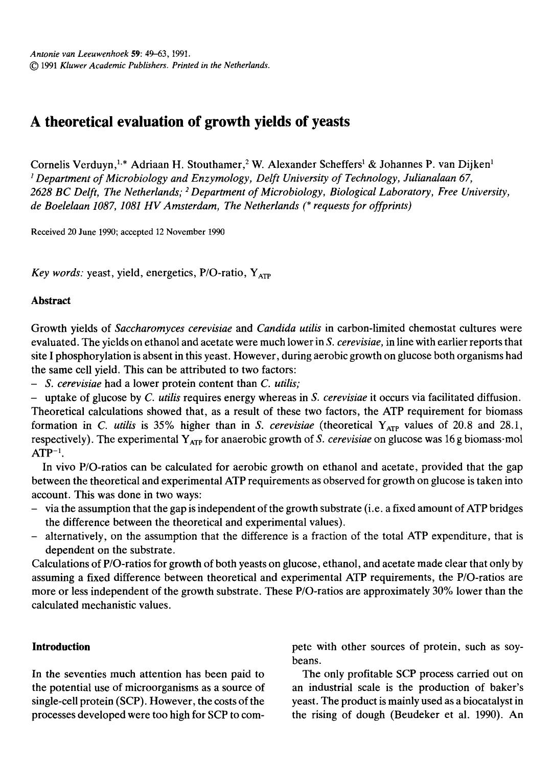 A theoretical evaluation of growth yields of yeasts by Unknown