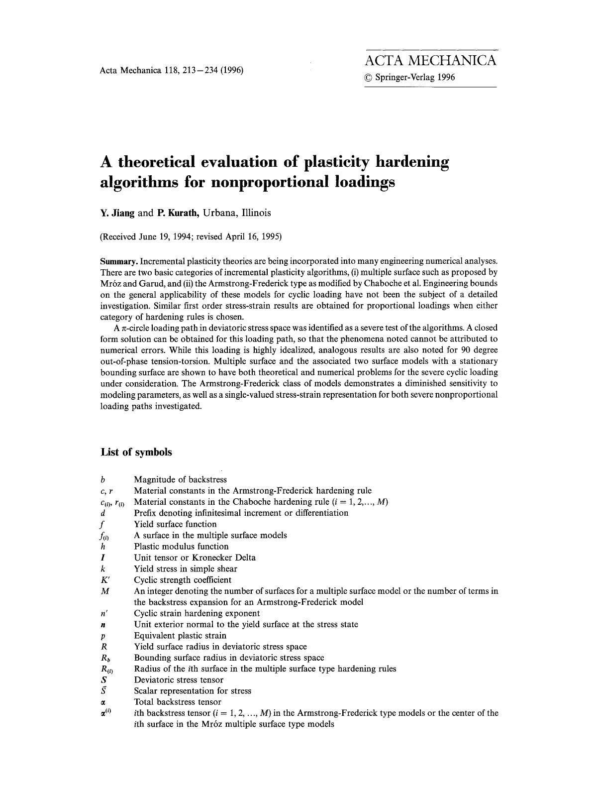 A theoretical evaluation of plasticity hardening algorithms for nonproportional loadings by Unknown