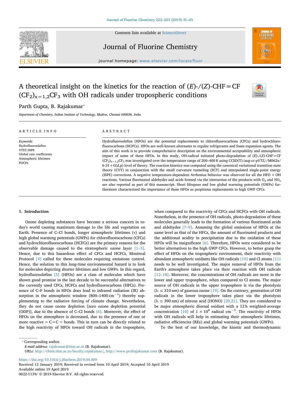 A theoretical insight on the kinetics for the reaction of (E)-(Z)-CHF=CF(CF2)x=1,2CF3 with OH radicals under tropospheric conditions by Parth Gupta & B. Rajakumar