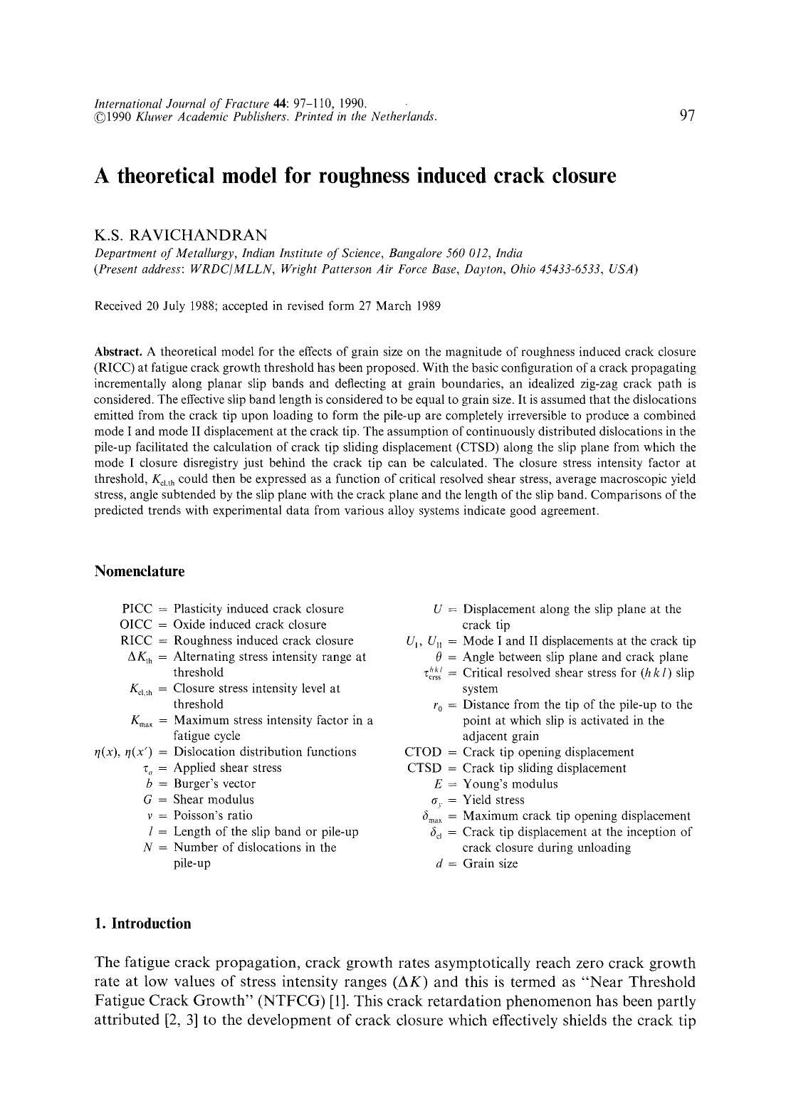 A theoretical model for roughness induced crack closure by Unknown