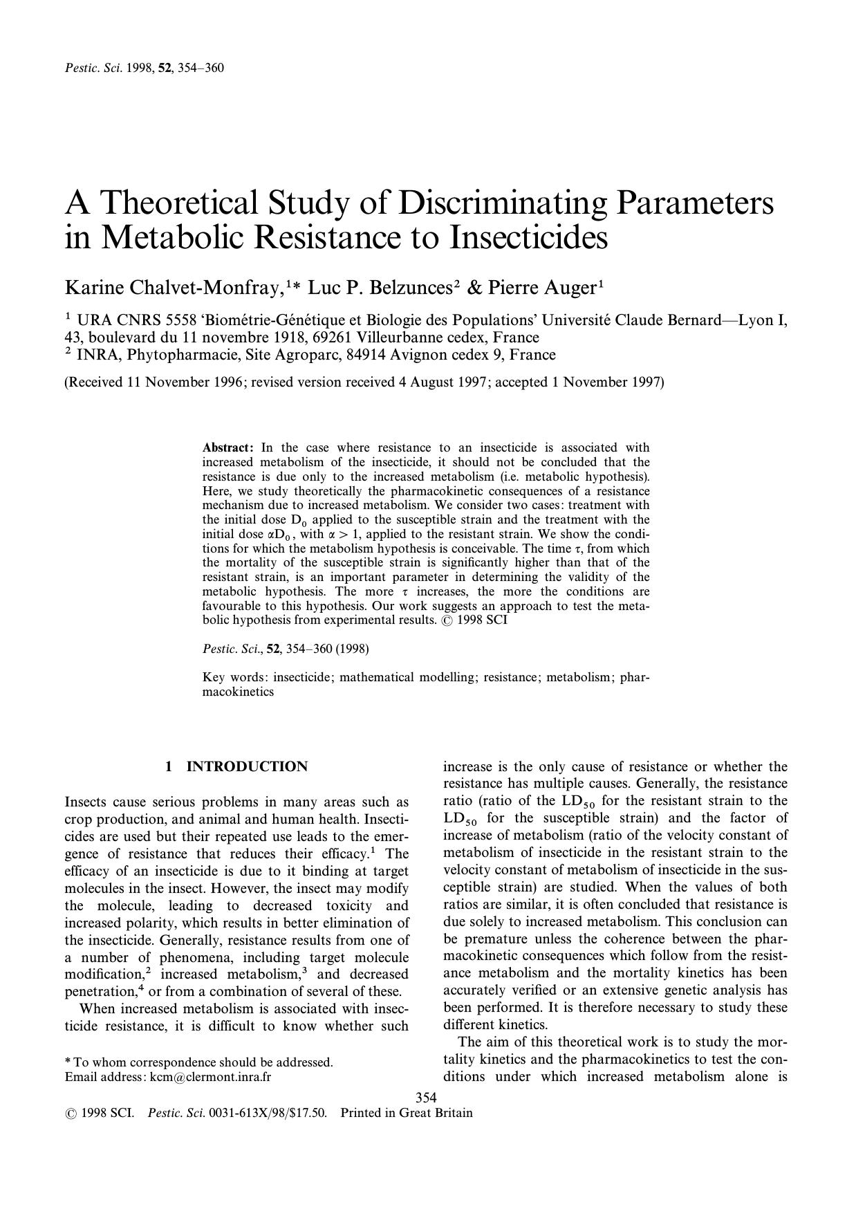 A theoretical study of discriminating parameters in metabolic resistance to insecticides by Chalvet-Monfray Belzunces Auger