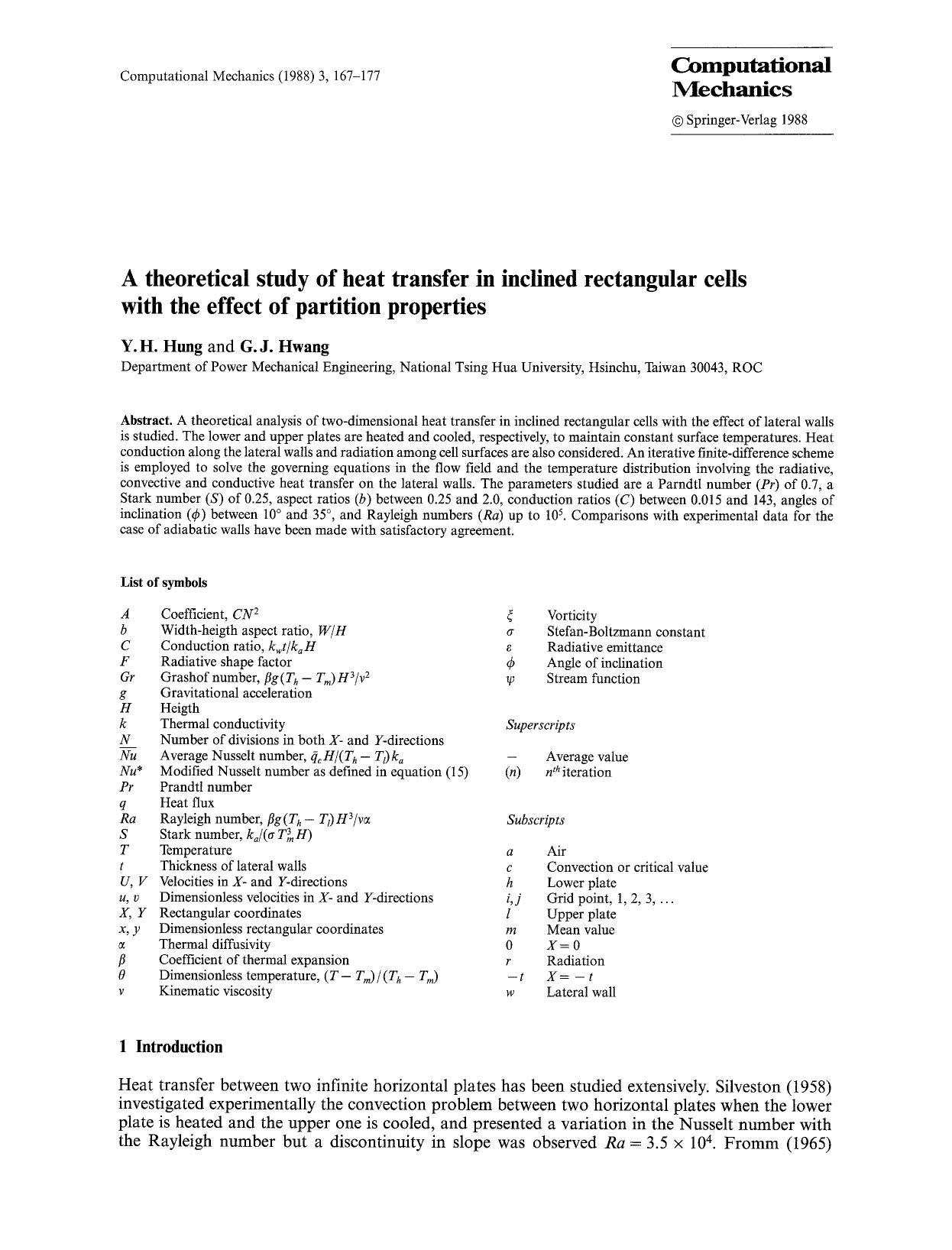 A theoretical study of heat transfer in inclined rectangular cells with the effect of partition properties by Unknown