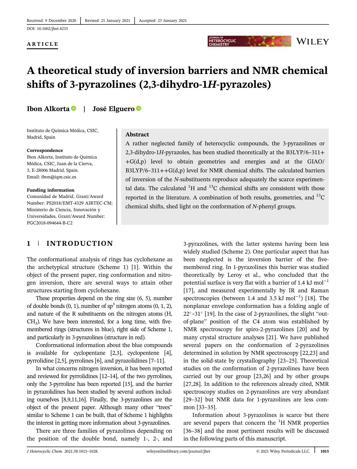 A theoretical study of inversion barriers and NMR chemical shifts of 3-pyrazolines (2,3-dihydro-1H-pyrazoles) by Unknown