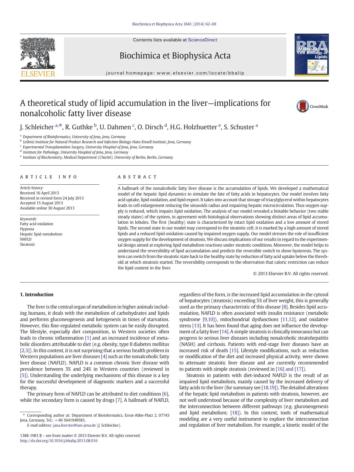 A theoretical study of lipid accumulation in the liverâimplications for nonalcoholic fatty liver disease by J. Schleicher & R. Guthke & U. Dahmen & O. Dirsch & H.G. Holzhuetter & S. Schuster