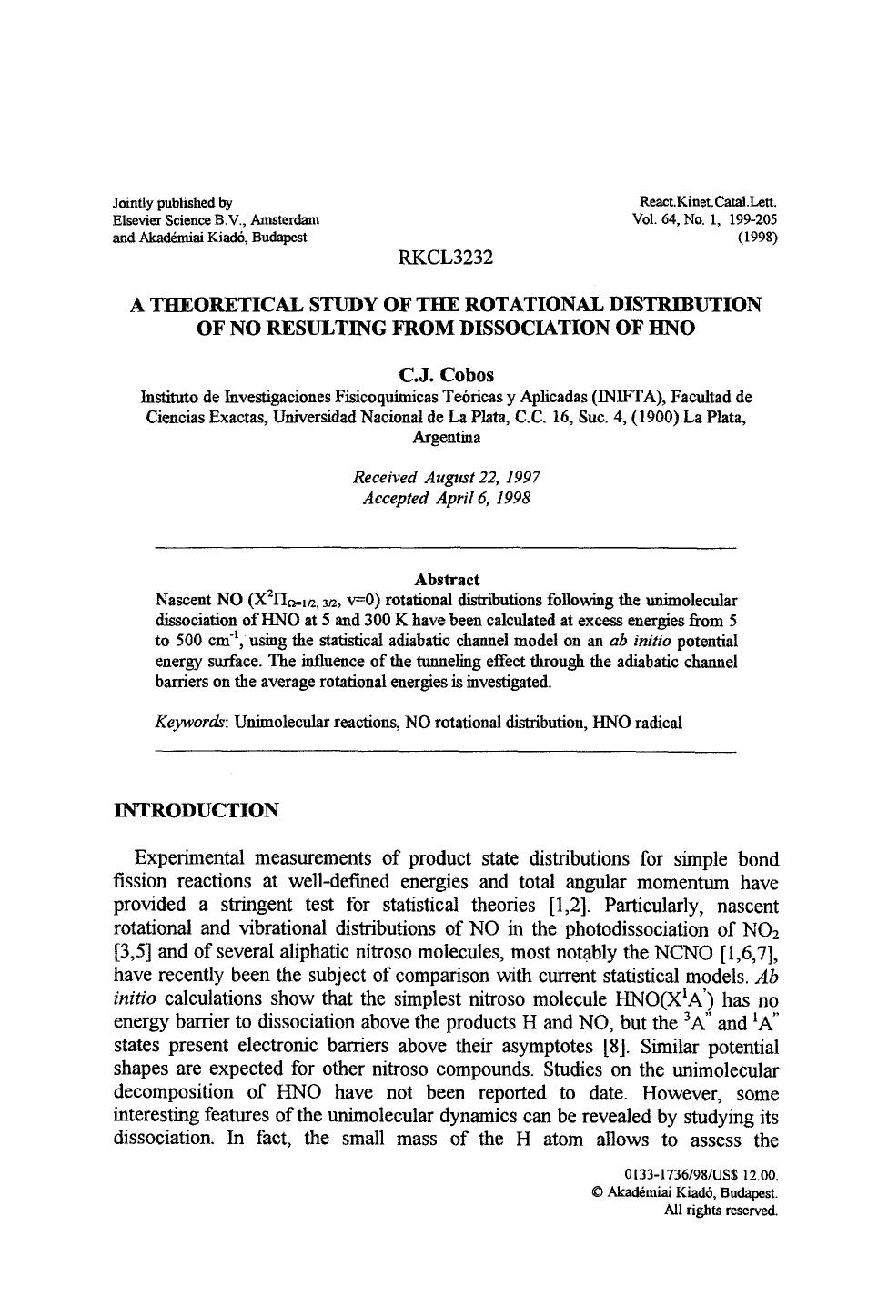 A theoretical study of the rotational distribution of no resulting from dissociation of HNO by Unknown
