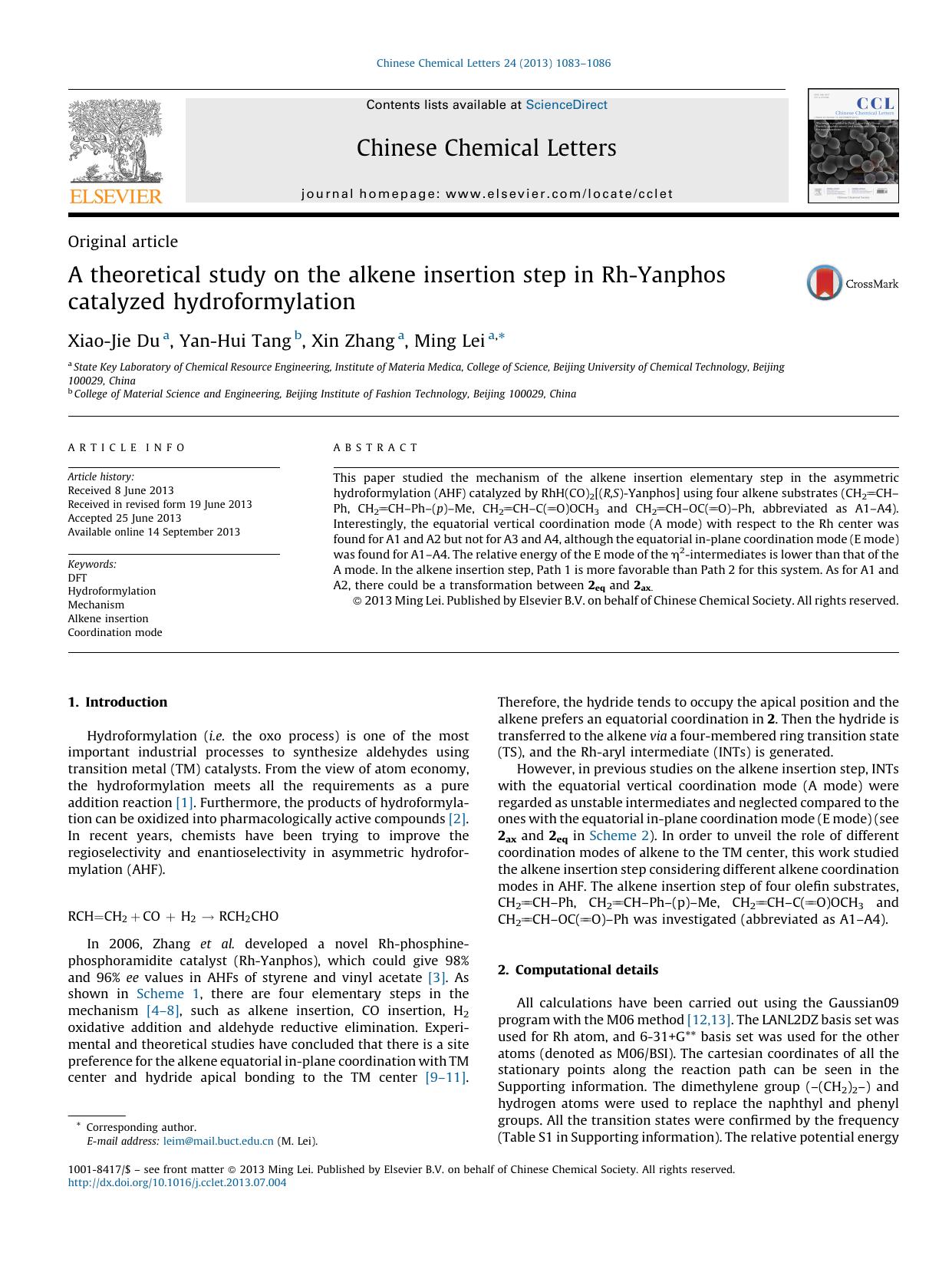 A theoretical study on the alkene insertion step in Rh-Yanphos catalyzed hydroformylation by Xiao-Jie Du & Yan-Hui Tang & Xin Zhang & Ming Lei