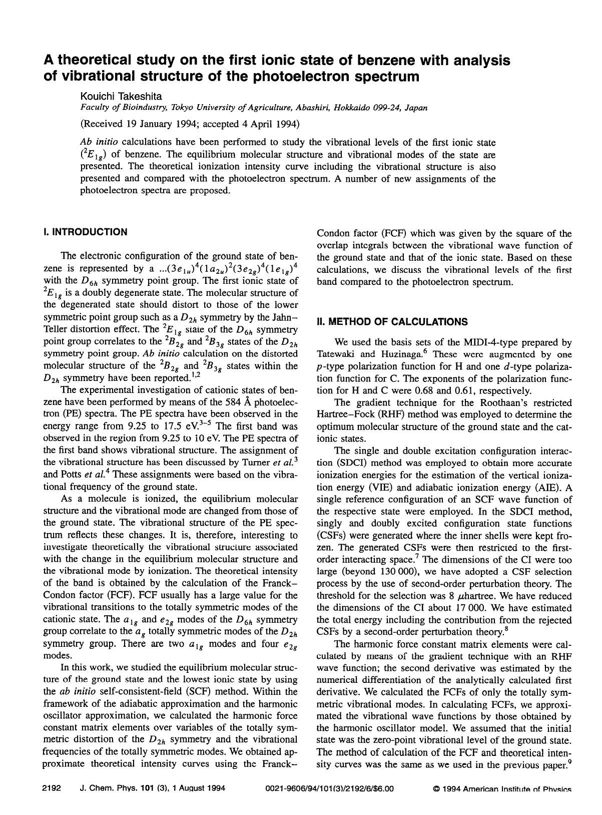 A theoretical study on the first ionic state of benzene with analysis of vibrational structure of the photoelectron spectrum by Kouichi Takeshita