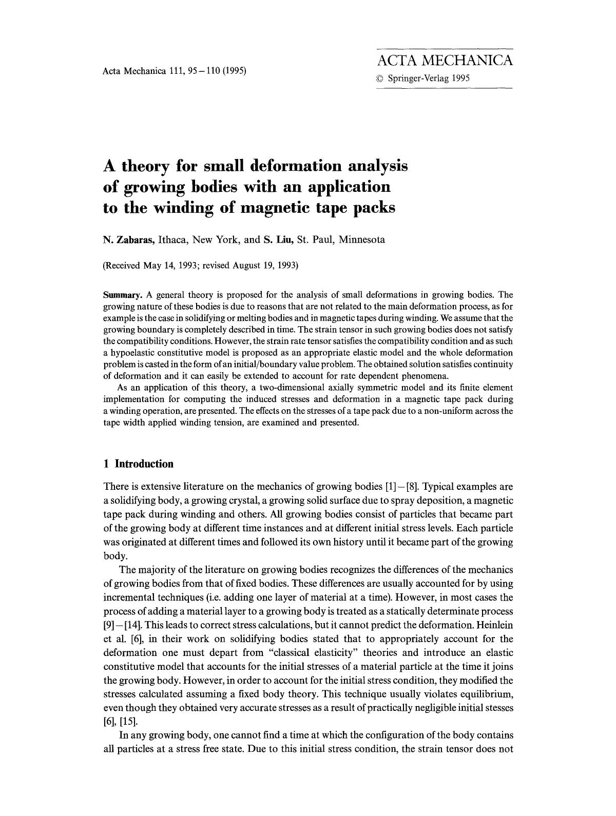 A theory for small deformation analysis of growing bodies with an application to the winding of magnetic tape packs by Unknown