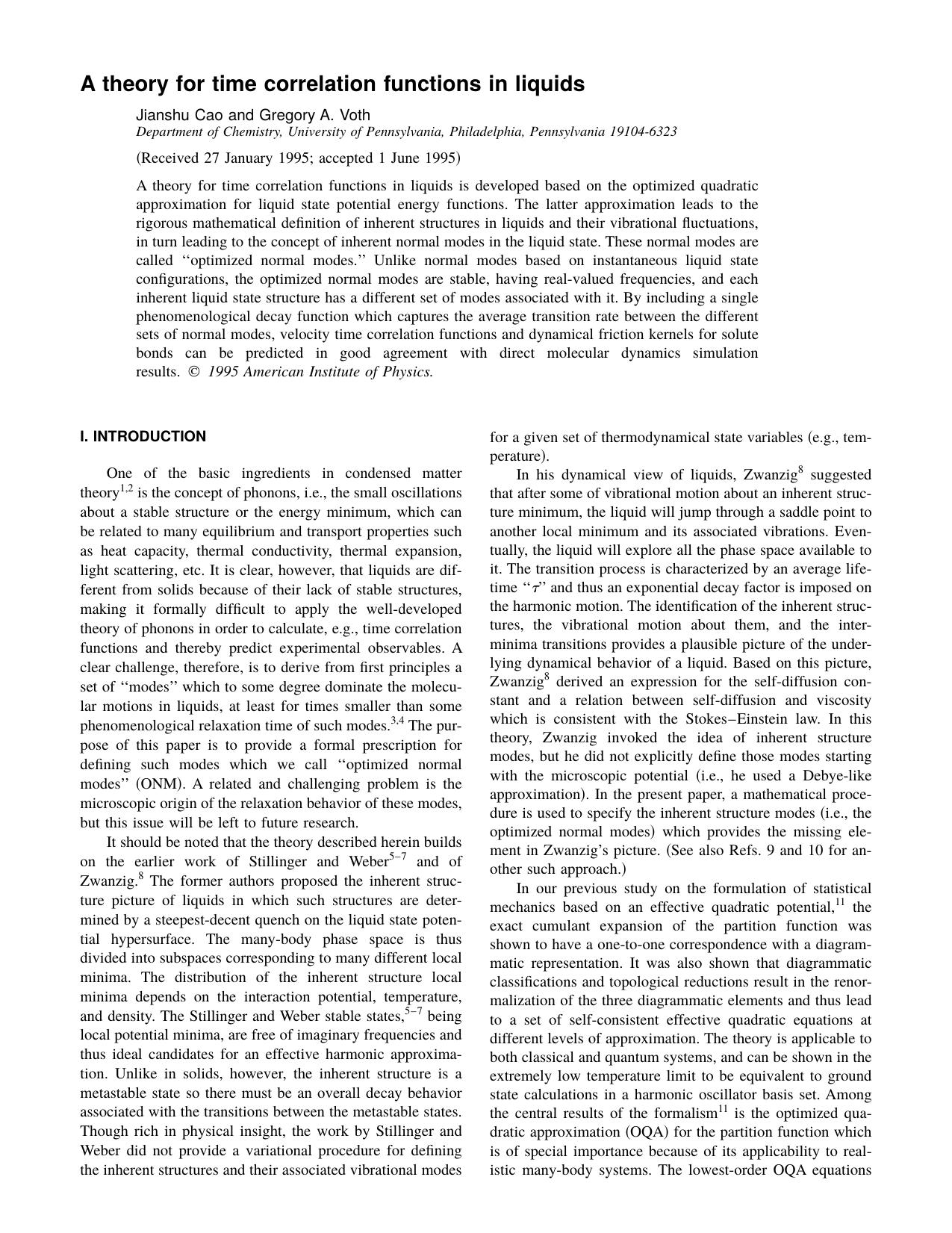 A theory for time correlation functions in liquids by Jianshu Cao and Gregory A. Voth