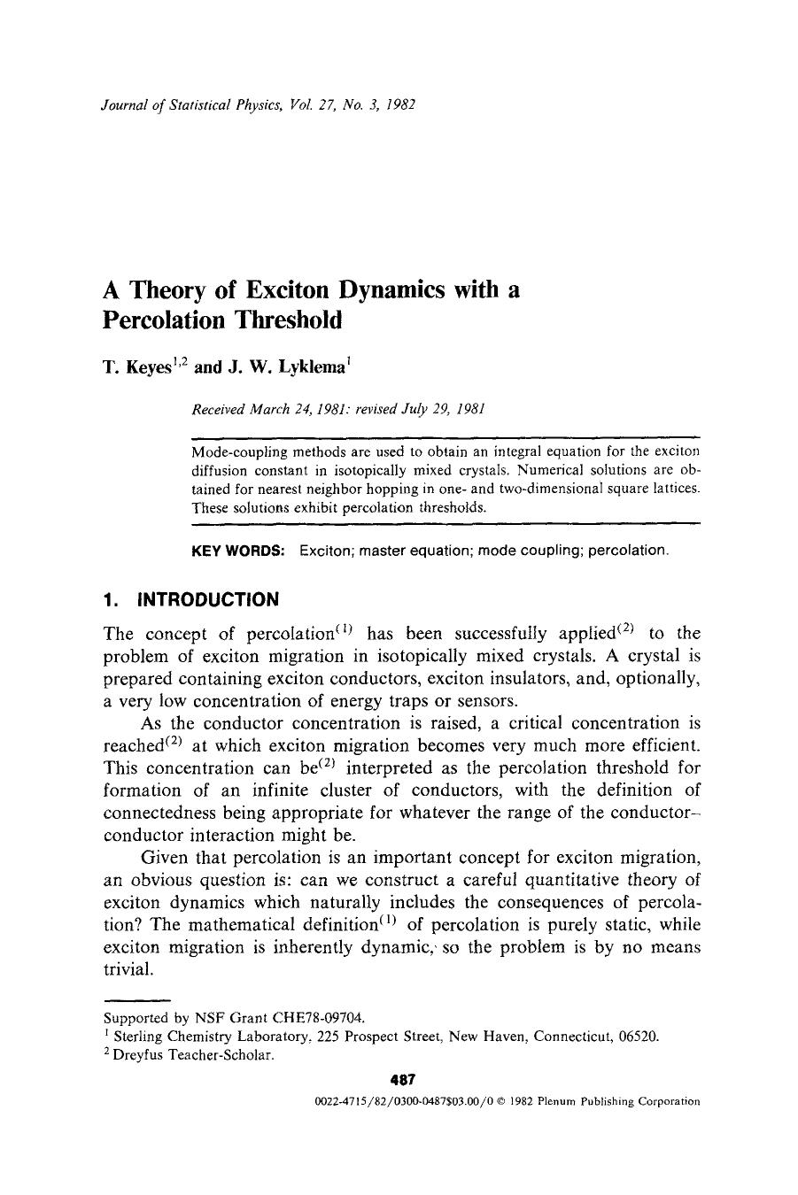 A theory of exciton dynamics with a percolation threshold by Unknown