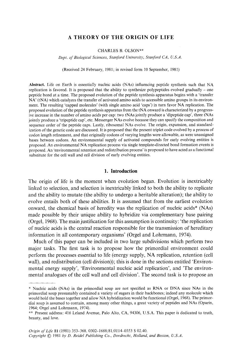 A theory of the origin of life by Unknown