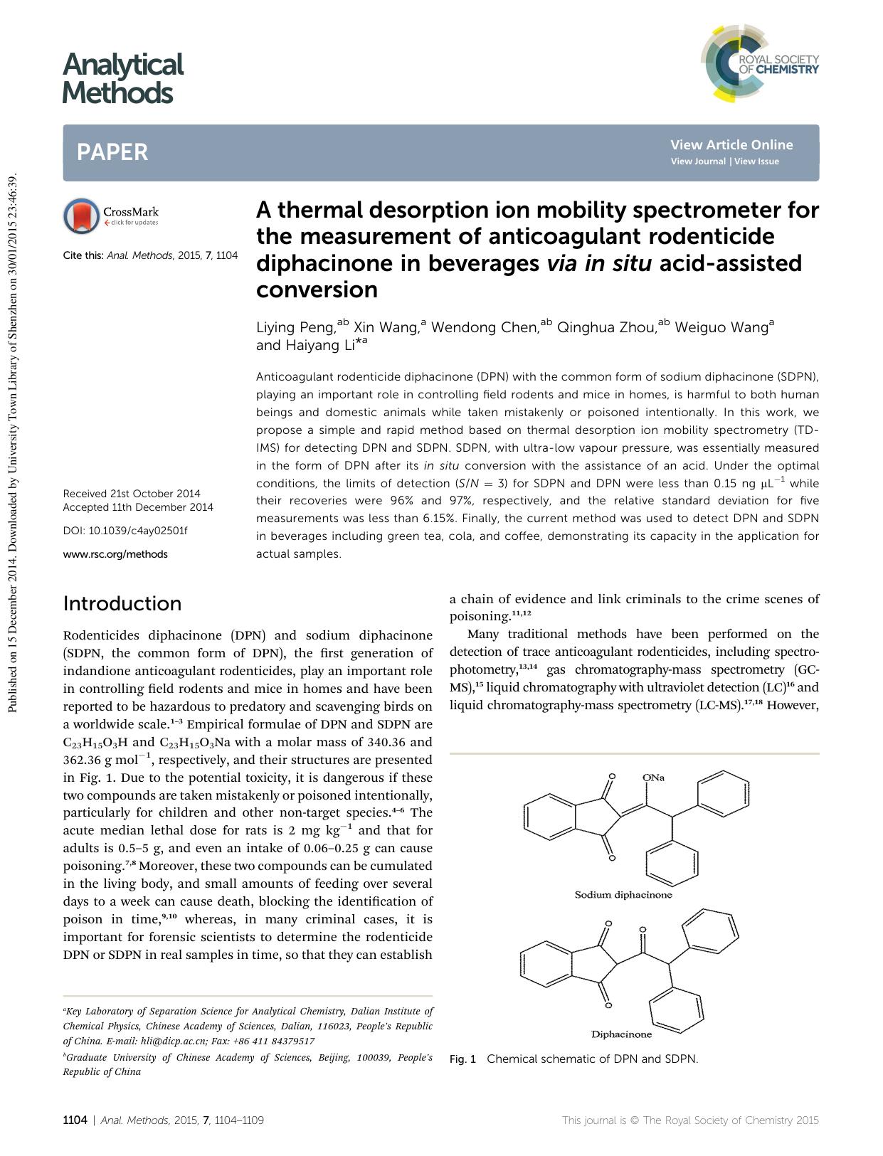 A thermal desorption ion mobility spectrometer for the measurement of anticoagulant rodenticide diphacinone in beverages via in situ acid-assisted conversion by Liying Peng & Xin Wang & Wendong Chen & Qinghua Zhou & Weiguo Wang & Haiyang Li
